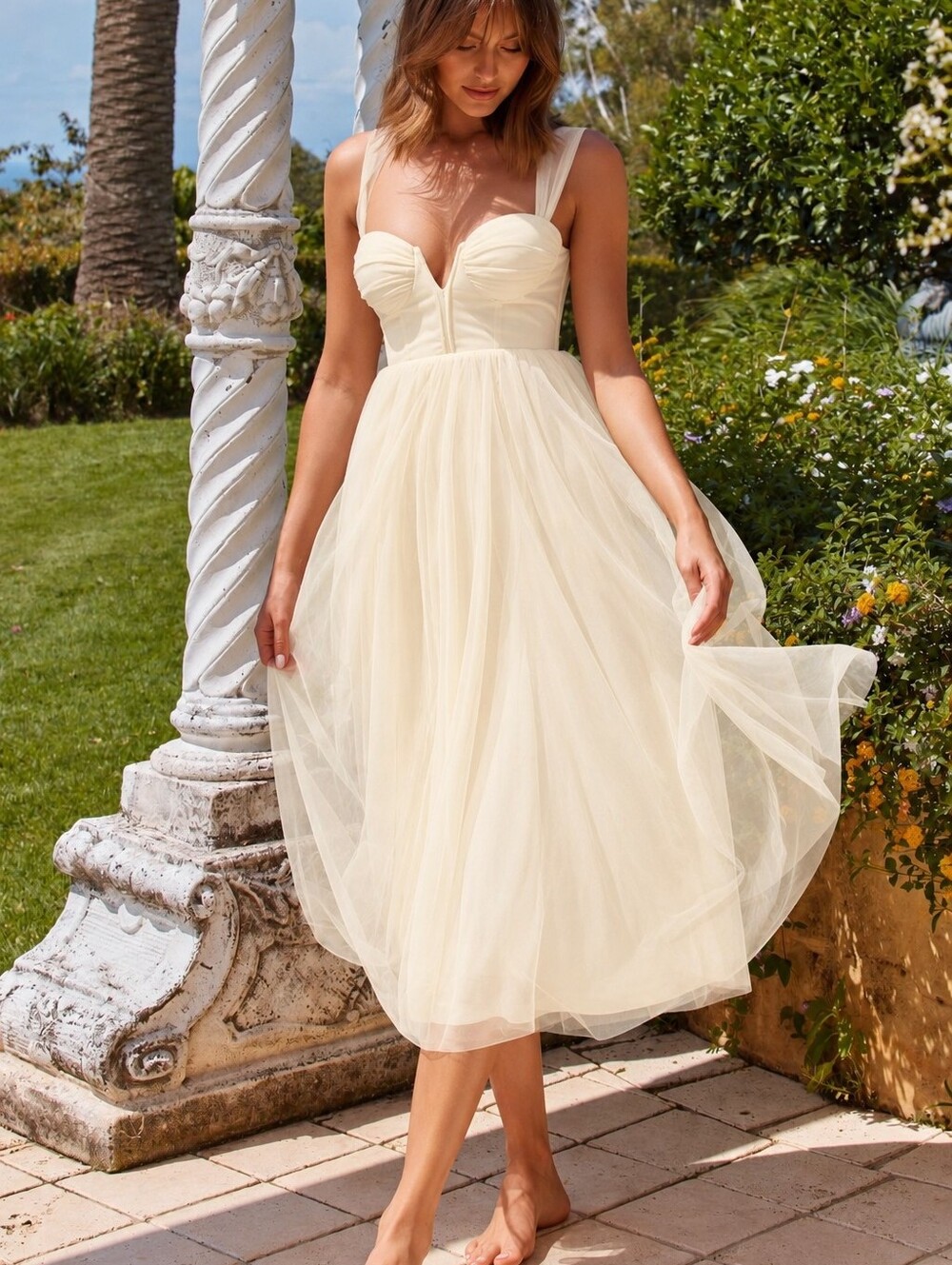 Surreal Lace-Up Back Tulle Midi Dress Butter Size M NWT